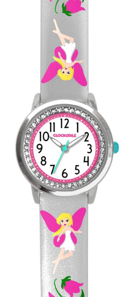 CLOCKODILE Stříbrné třpytivé dívčí dětské hodinky s růžovými vílami FAIRIES CWG5084