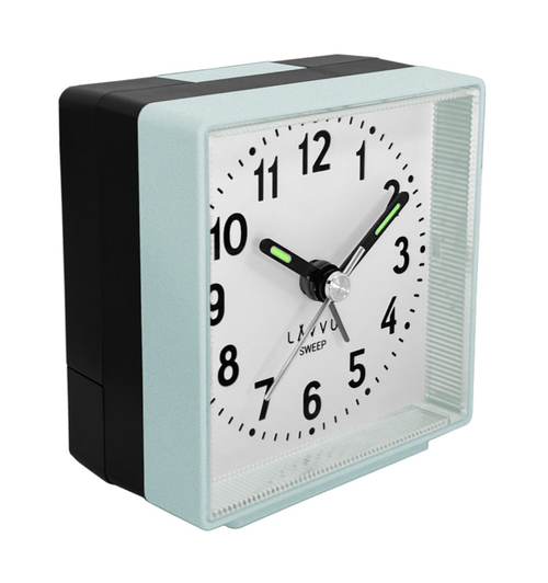 LAVVU LAS3017 - Stříbřitě-modrý budík SWEEP s plynulým chodem - 3 ROKY ZÁRUKA!